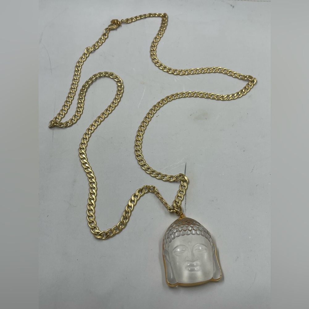 LONG 36” Zada Buddha Necklace Goldtone Chain Crystal Clear Pendant Face RARE